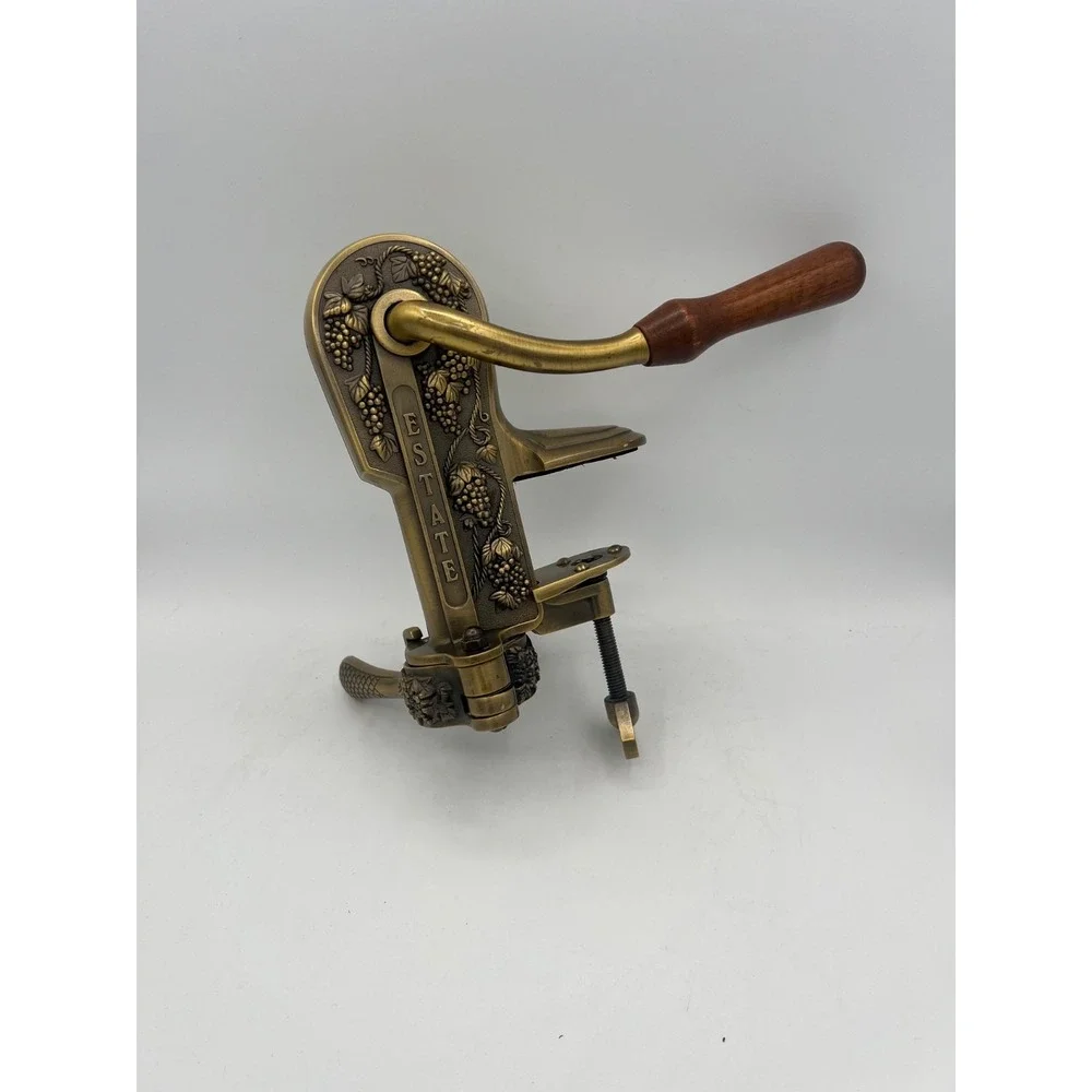 VTG Estate Brass Lever Wine Bottle Corkscrew Wood Handle Table Mount Wine Opener